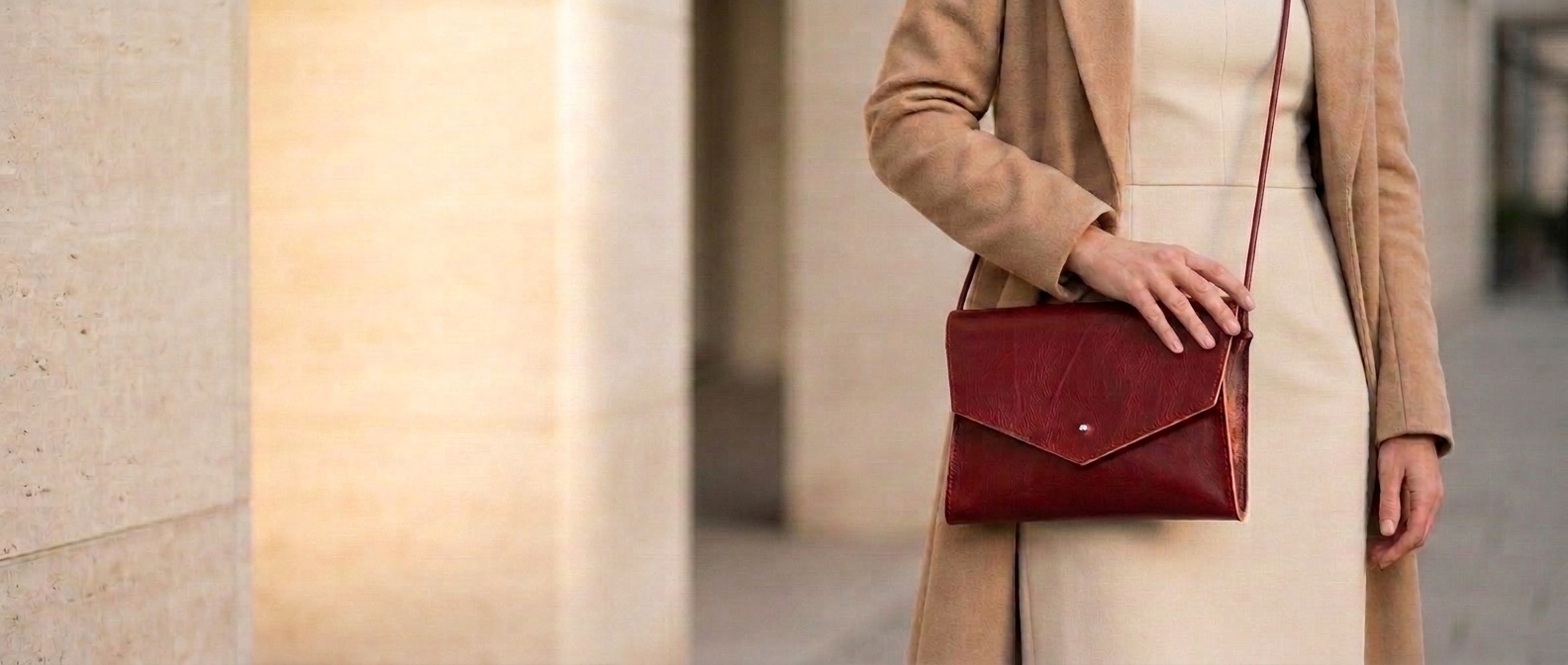 Žena v krémových šatech a kabátě nese červenou koženou kabelku Mia 2.0 crossbody na tenkém popruhu