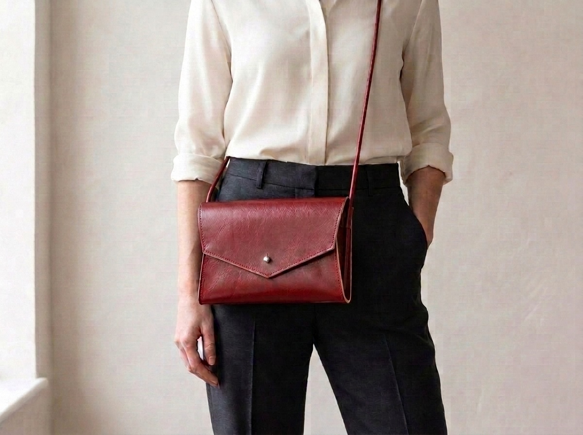 Žena v hedvábné košili a elegantních kalhotách nosí červenou kabelku Mia crossbody na tenkém koženém popruhu