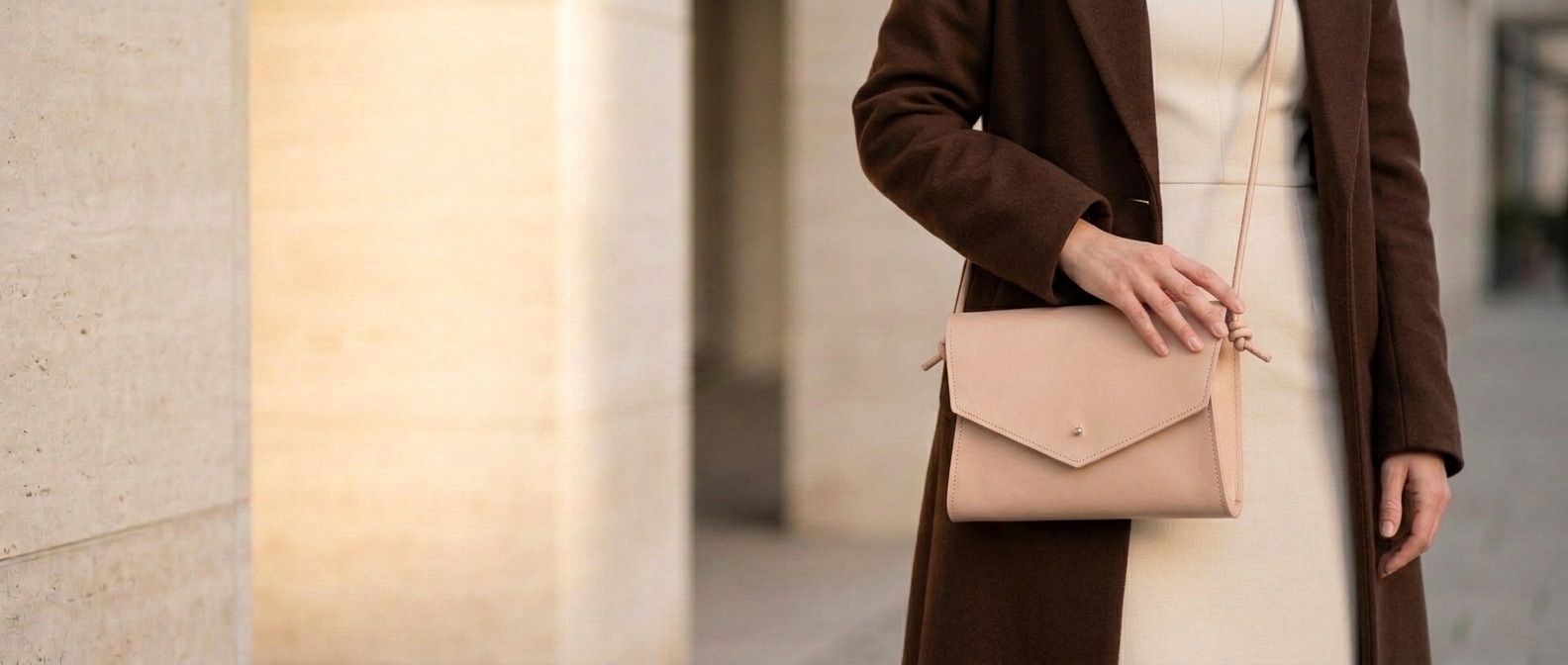 Žena v krémových šatech a kabátě nese pudrovou koženou kabelku Mia 2.0 crossbody na tenkém popruhu