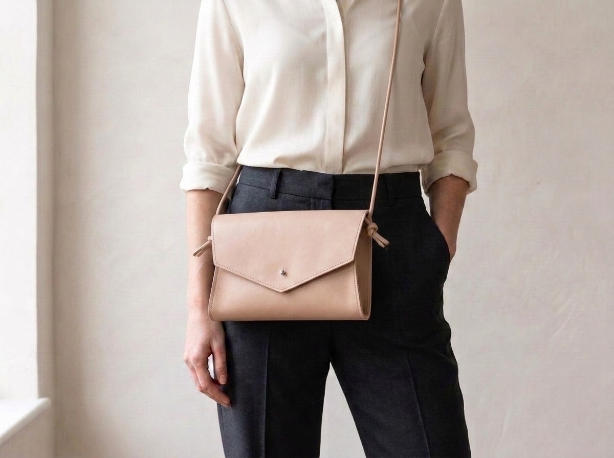Žena v hedvábné košili a elegantních kalhotách nosí pudrovou kabelku Mia crossbody na tenkém koženém popruhu
