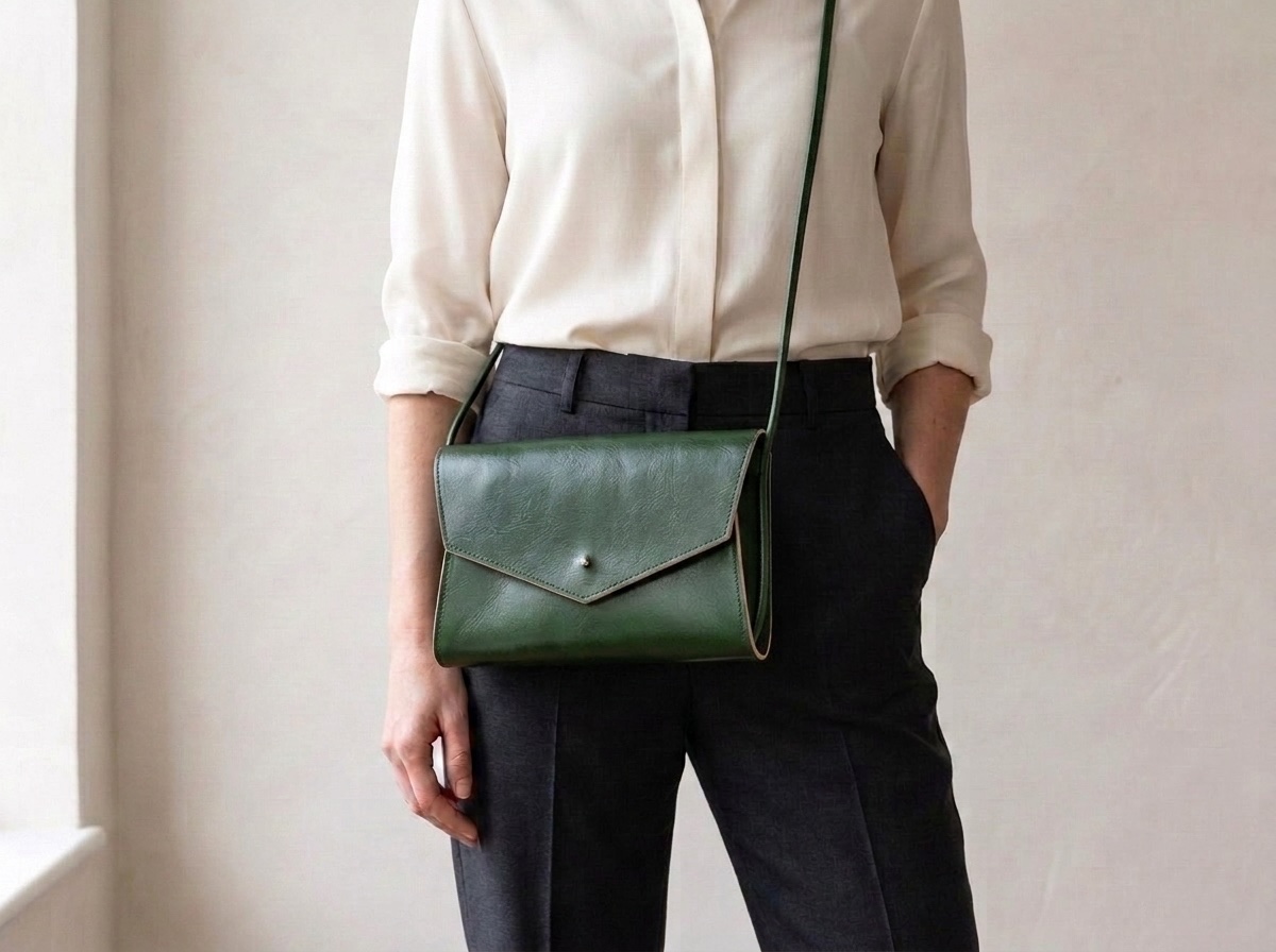 Žena v hedvábné košili a elegantních kalhotách nosí zelenou kabelku Mia crossbody na tenkém koženém popruhu