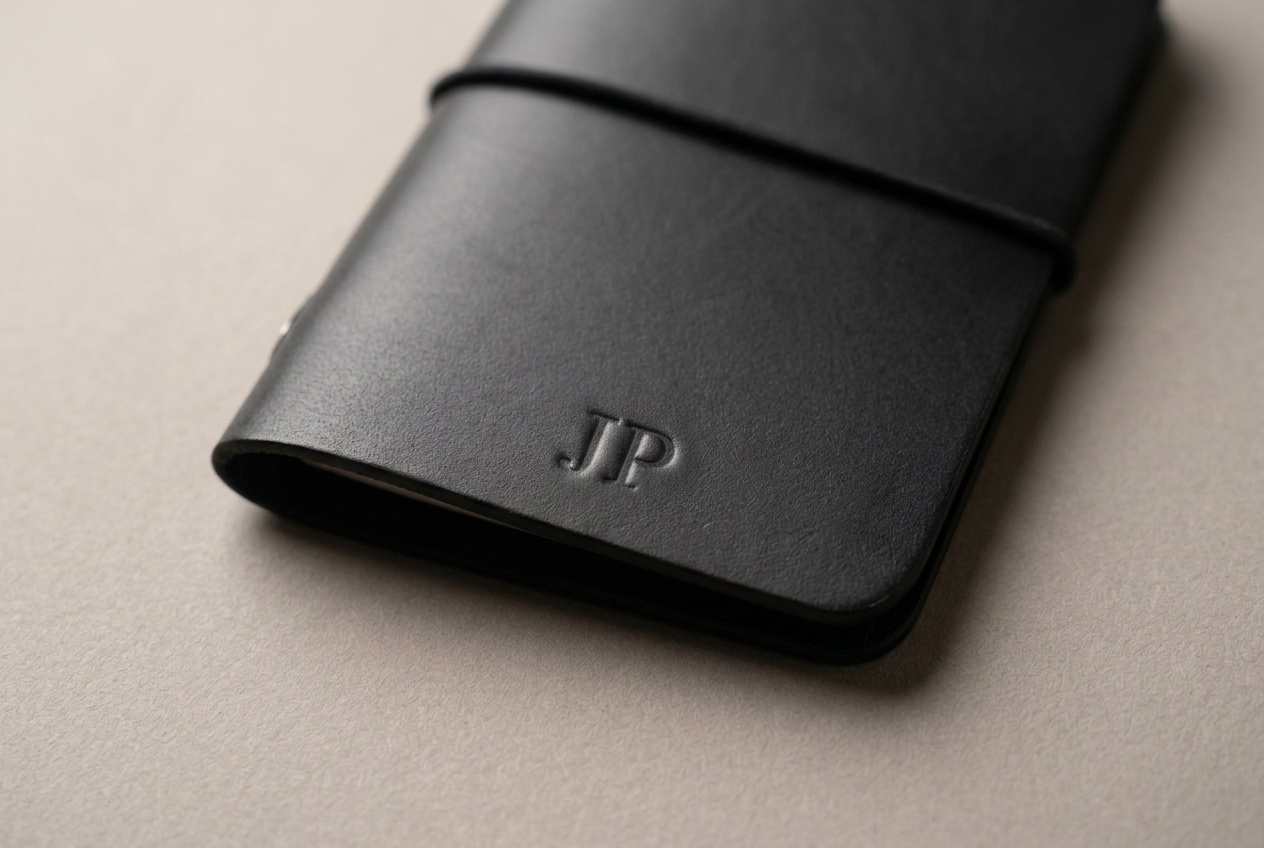 Detail černého kapesního Midori s raženým monogramem JP
