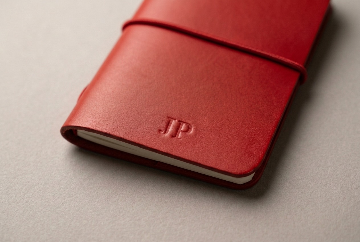 Detail červeného kapesního Midori s raženým monogramem JP