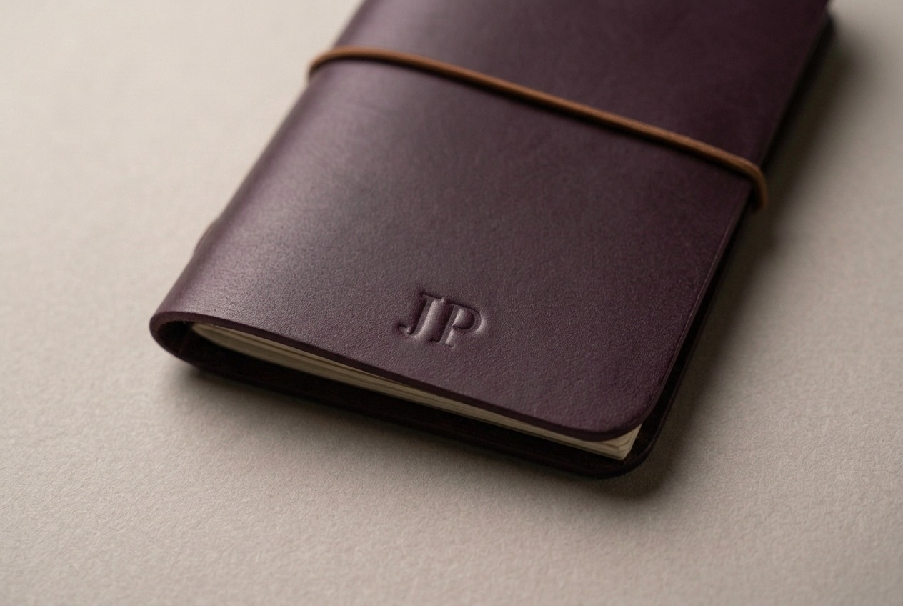 Detail fialového kapesního Midori s raženým monogramem JP