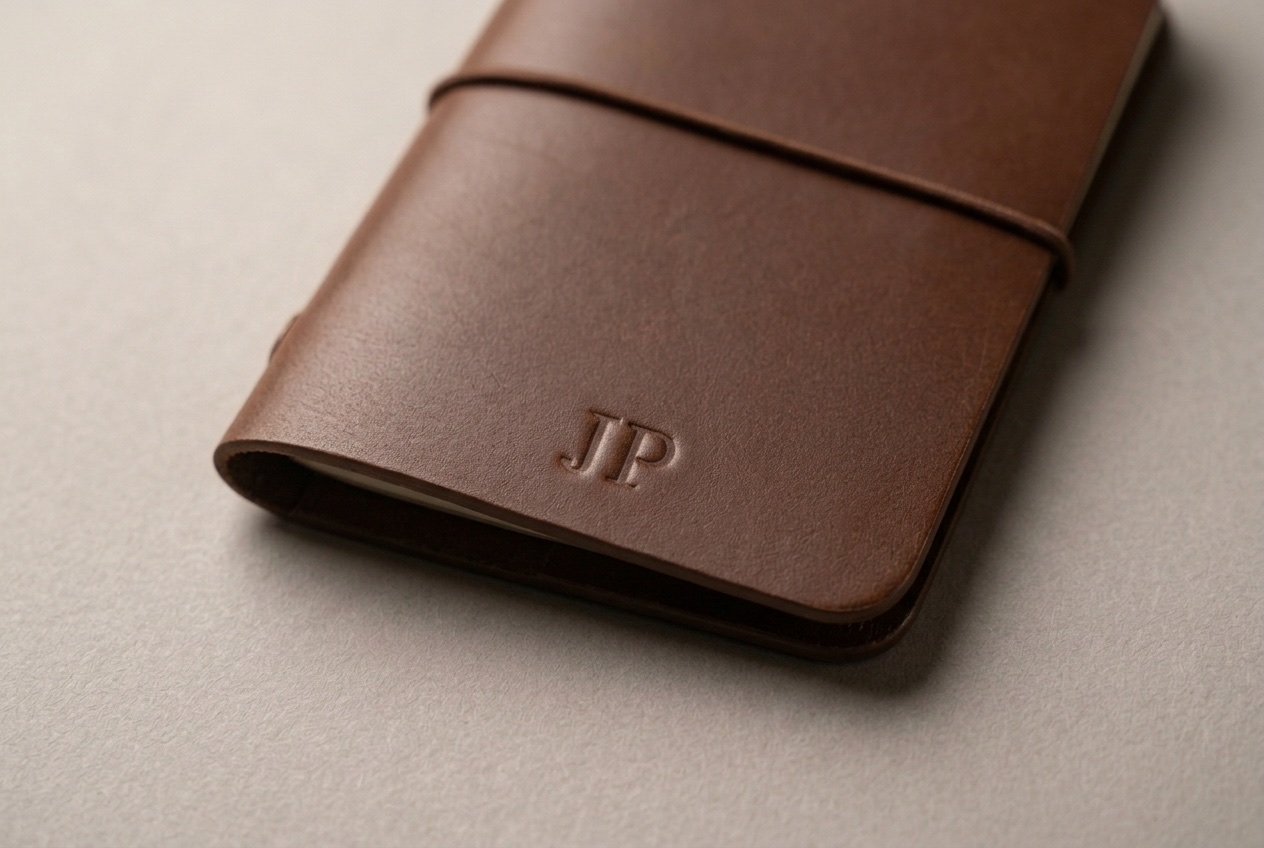 Detail hnědého kapesního Midori s raženým monogramem JP