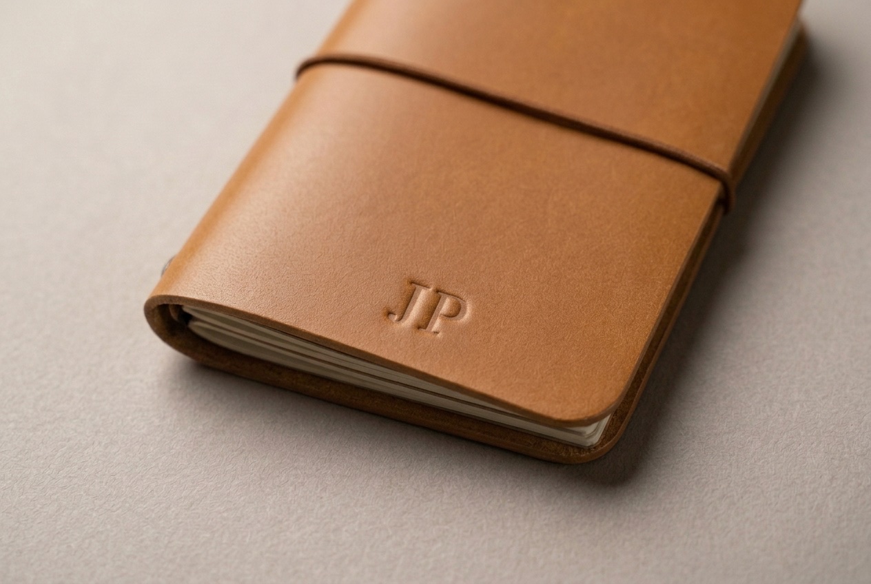 Detail koňakového kapesního Midori s raženým monogramem JP