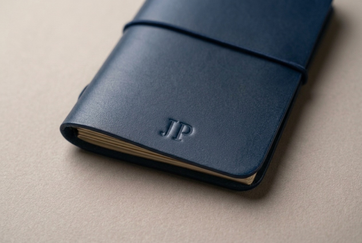 Detail modrého kapesního Midori s raženým monogramem JP