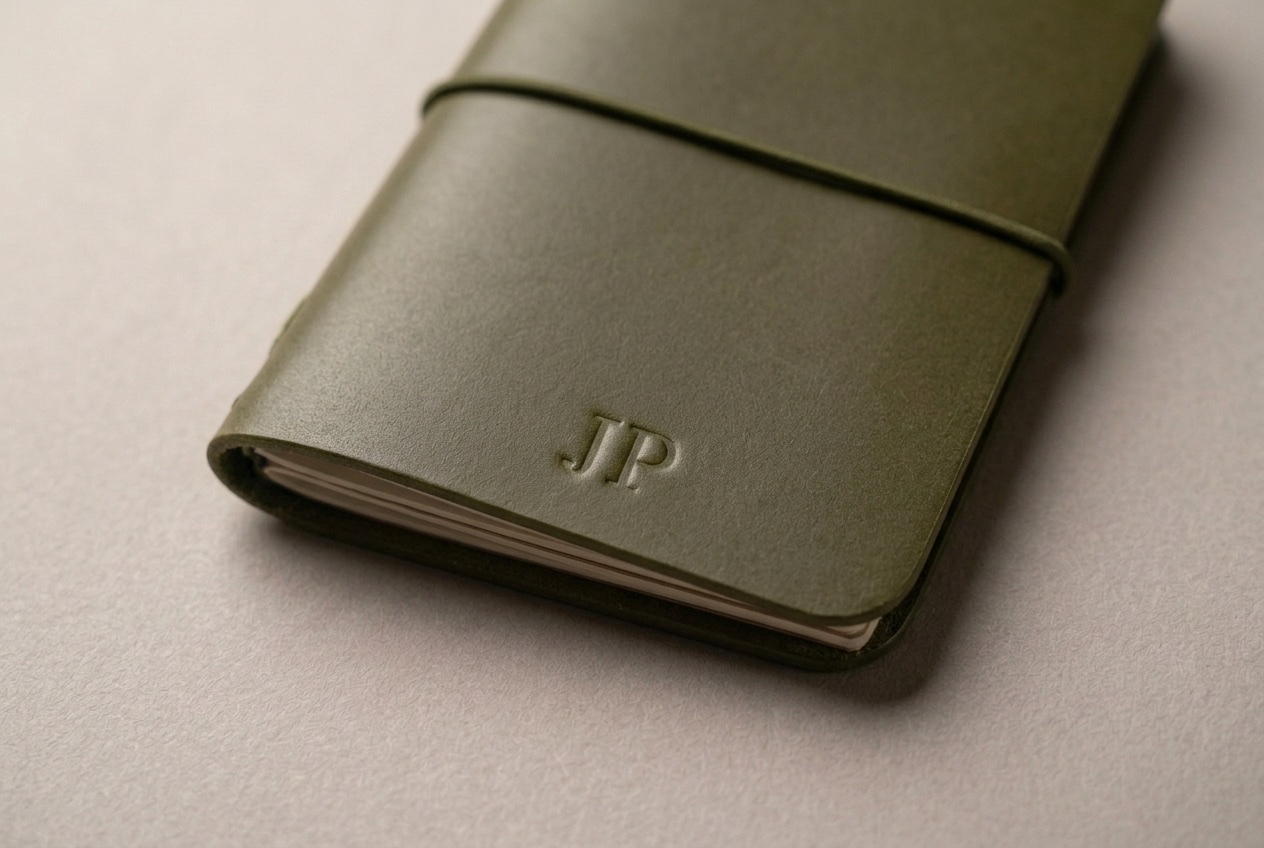 Detail olivového kapesního Midori s raženým monogramem JP
