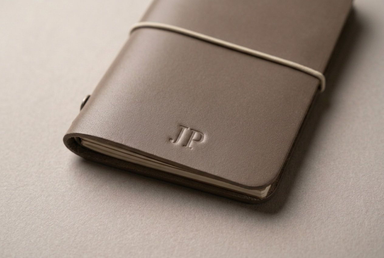Detail kapesního Midori taupe s raženým monogramem JP