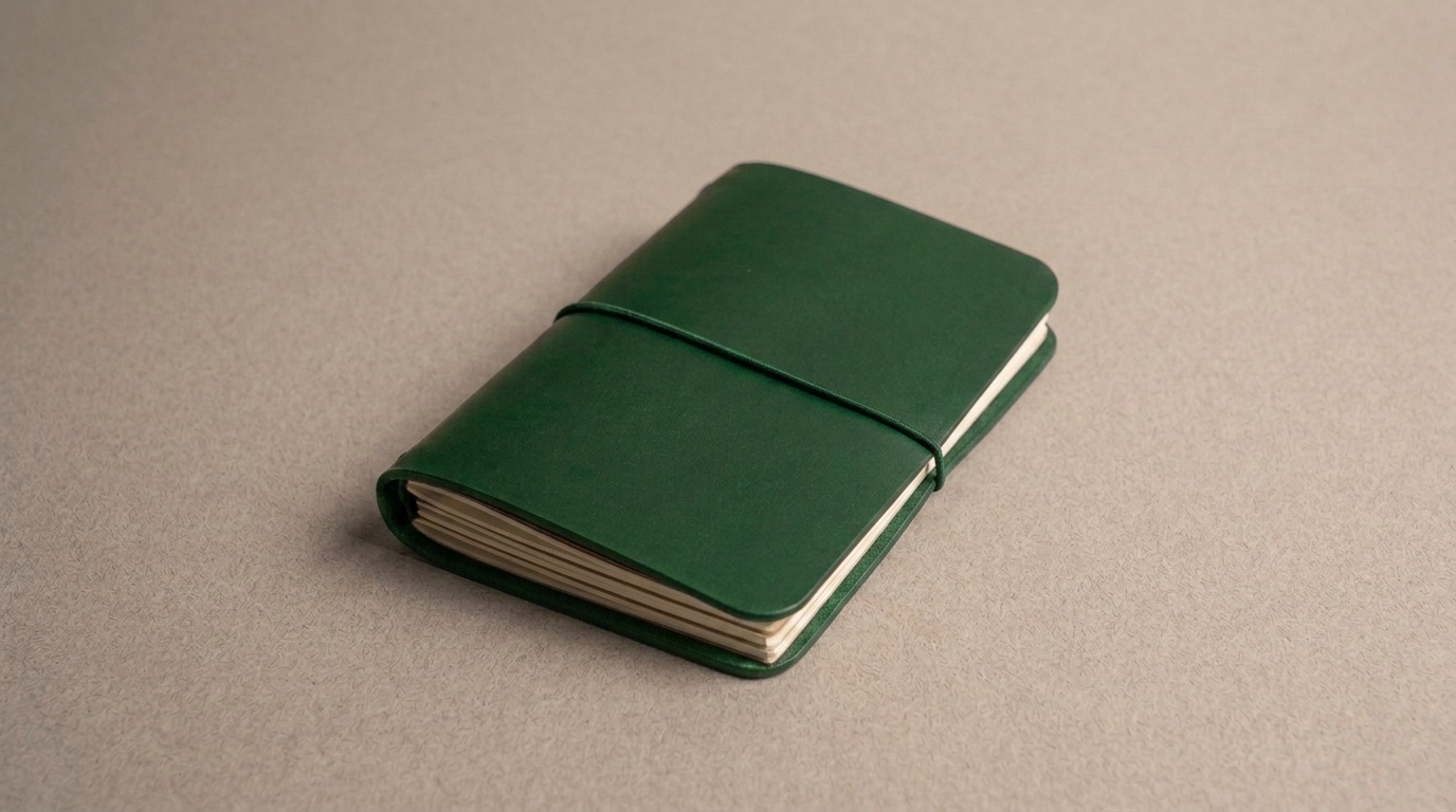 Zelený kapesní zápisník Midori ležící na stole