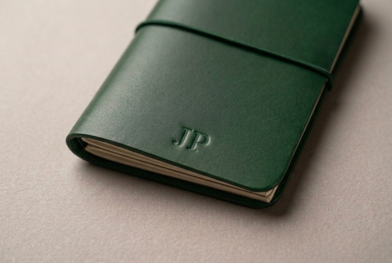 Detail zeleného kapesního Midori s raženým monogramem JP