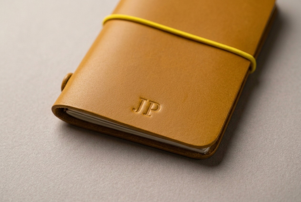 Detail žlutého kapesního Midori s raženým monogramem JP