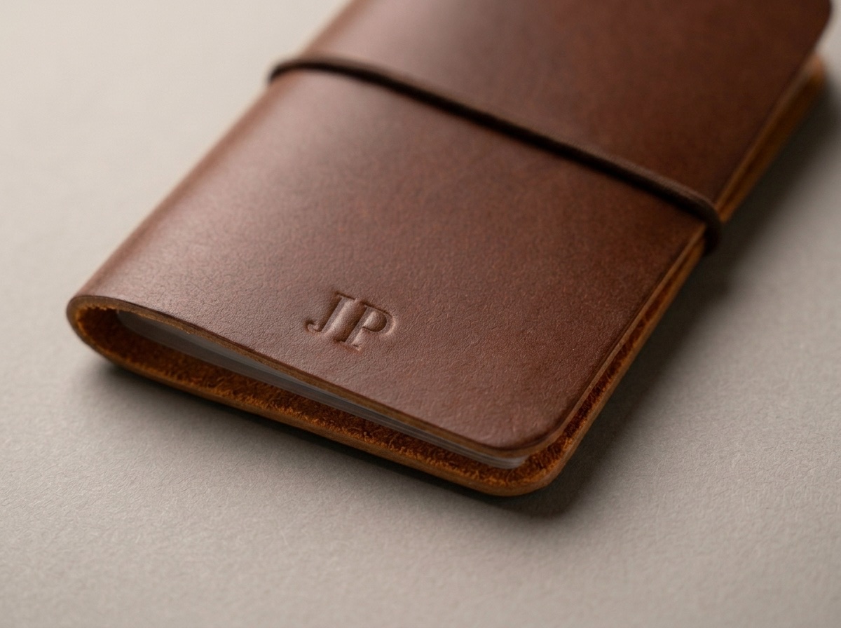 Detail hnědé peněženky Pietro s raženým monogramem JP