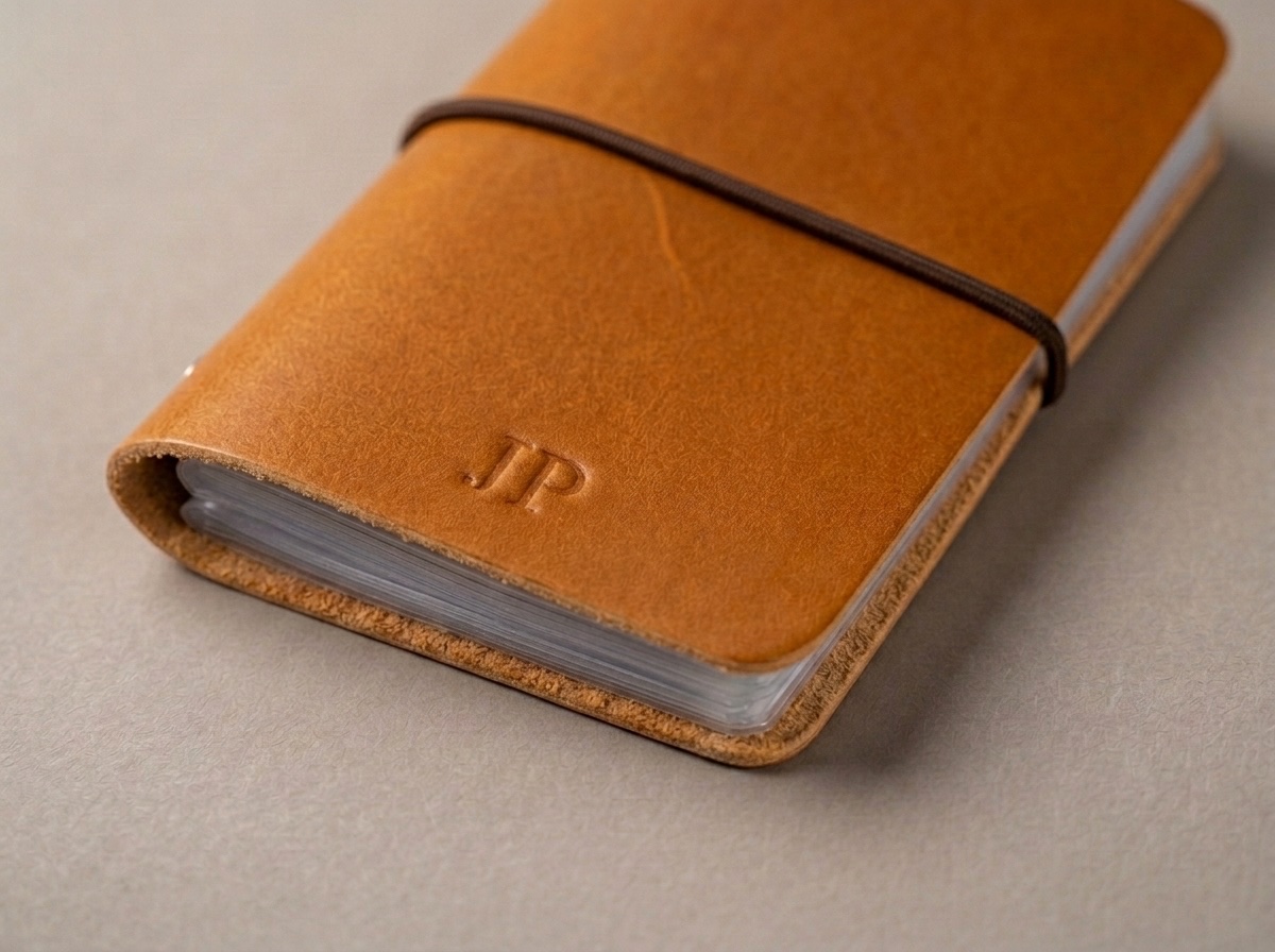 Detail koňakové peněženky Pietro s raženým monogramem JP
