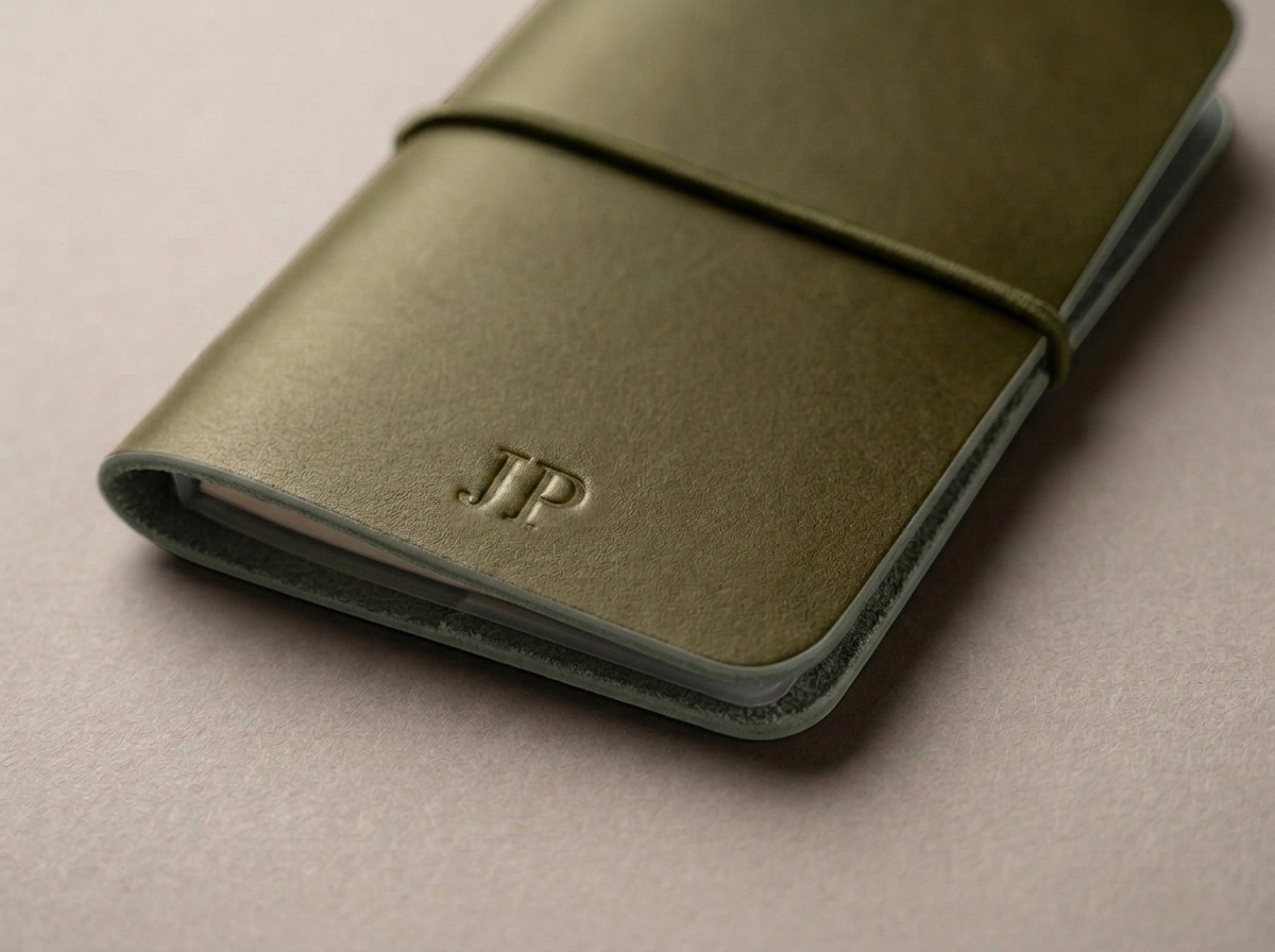 Detail olivové peněženky Pietro s raženým monogramem JP