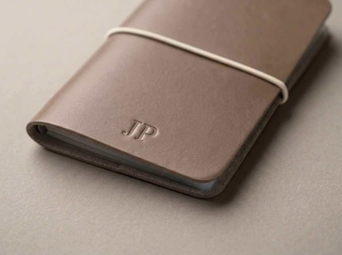 Detail taupe peněženky Pietro s raženým monogramem JP