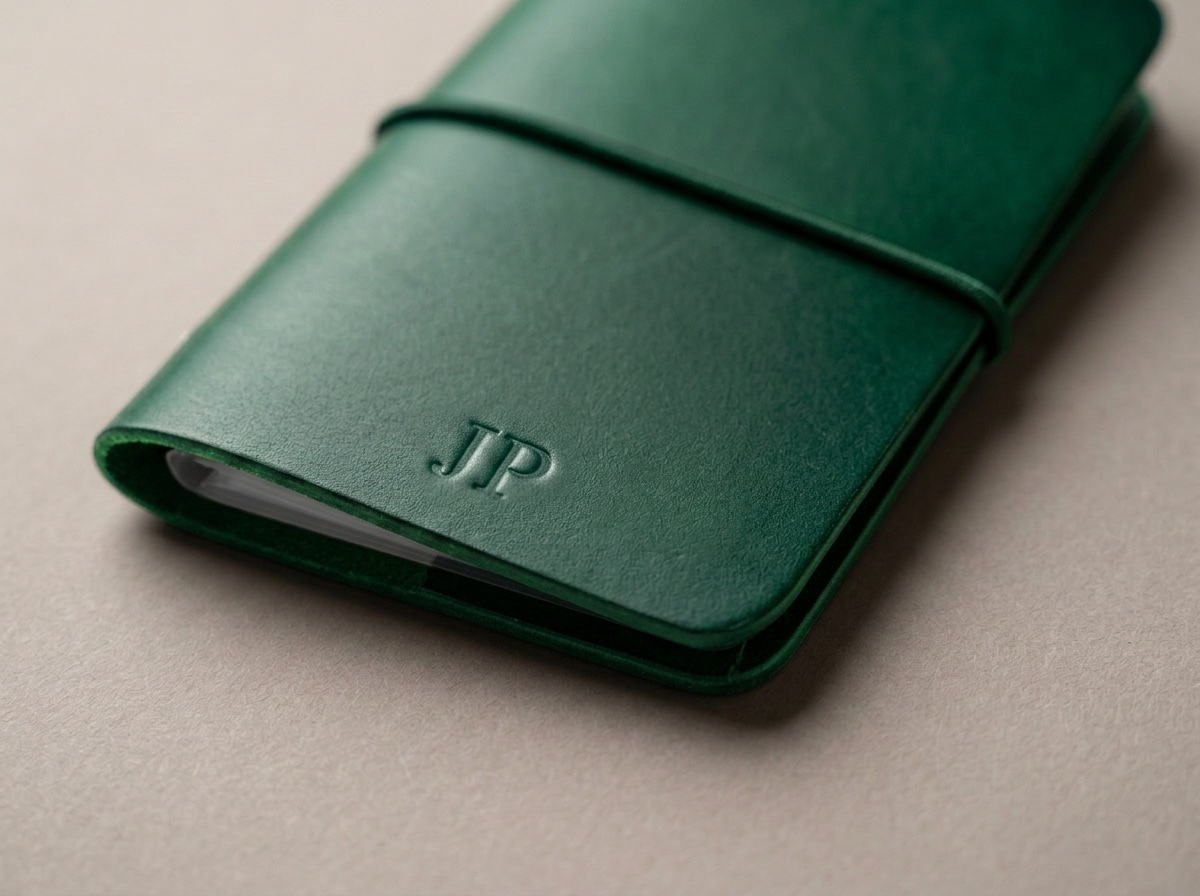 Detail zelené peněženky Pietro s raženým monogramem JP
