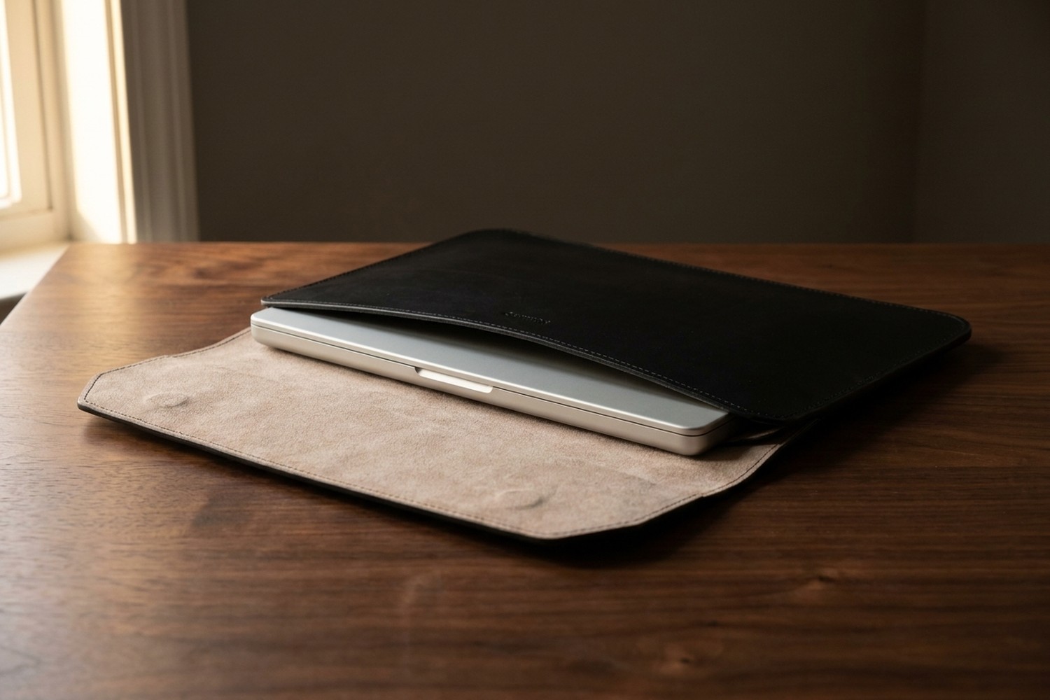 Otevřené černé pouzdro na ořechovém stole, uvnitř béžové italské mikrovlákno a zasunutý notebook 14″