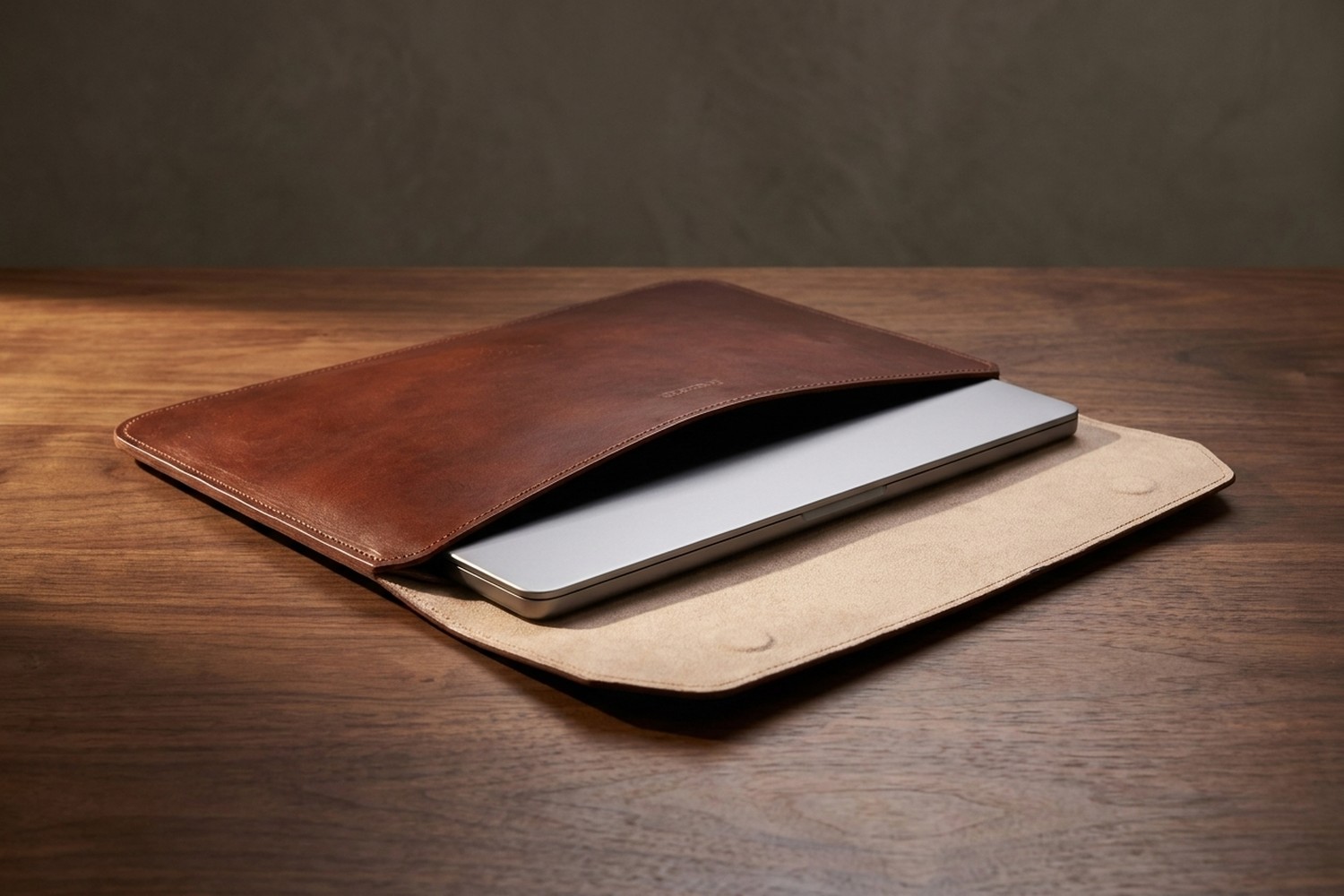 Otevřené hnědé pouzdro na ořechovém stole, uvnitř béžové italské mikrovlákno a zasunutý notebook 14″