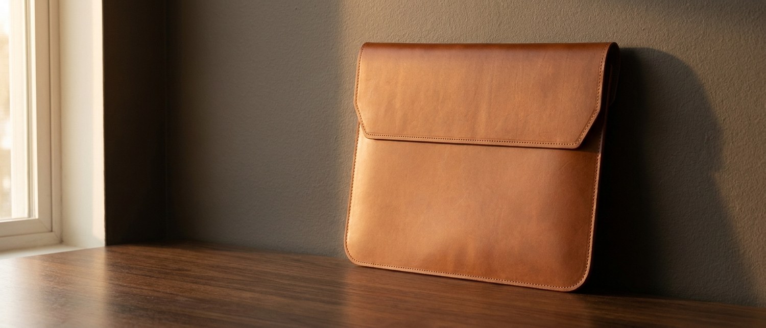Koňakové kožené pouzdro na notebook 14″ z usně Buttero na tmavém ořechovém stole, vedle hrana notebooku