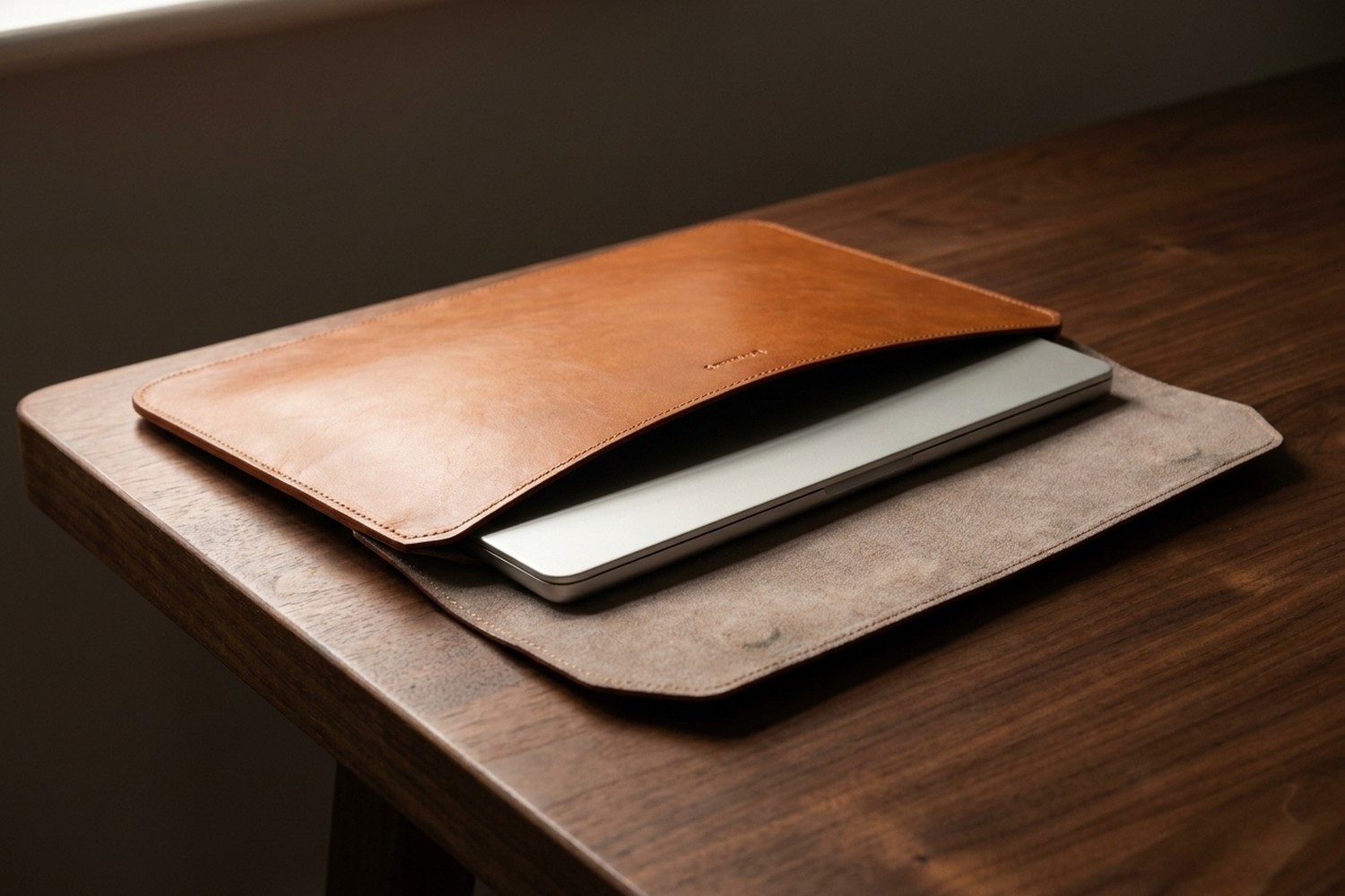 Otevřené koňakové pouzdro na ořechovém stole, uvnitř šedé italské mikrovlákno a zasunutý notebook 14″