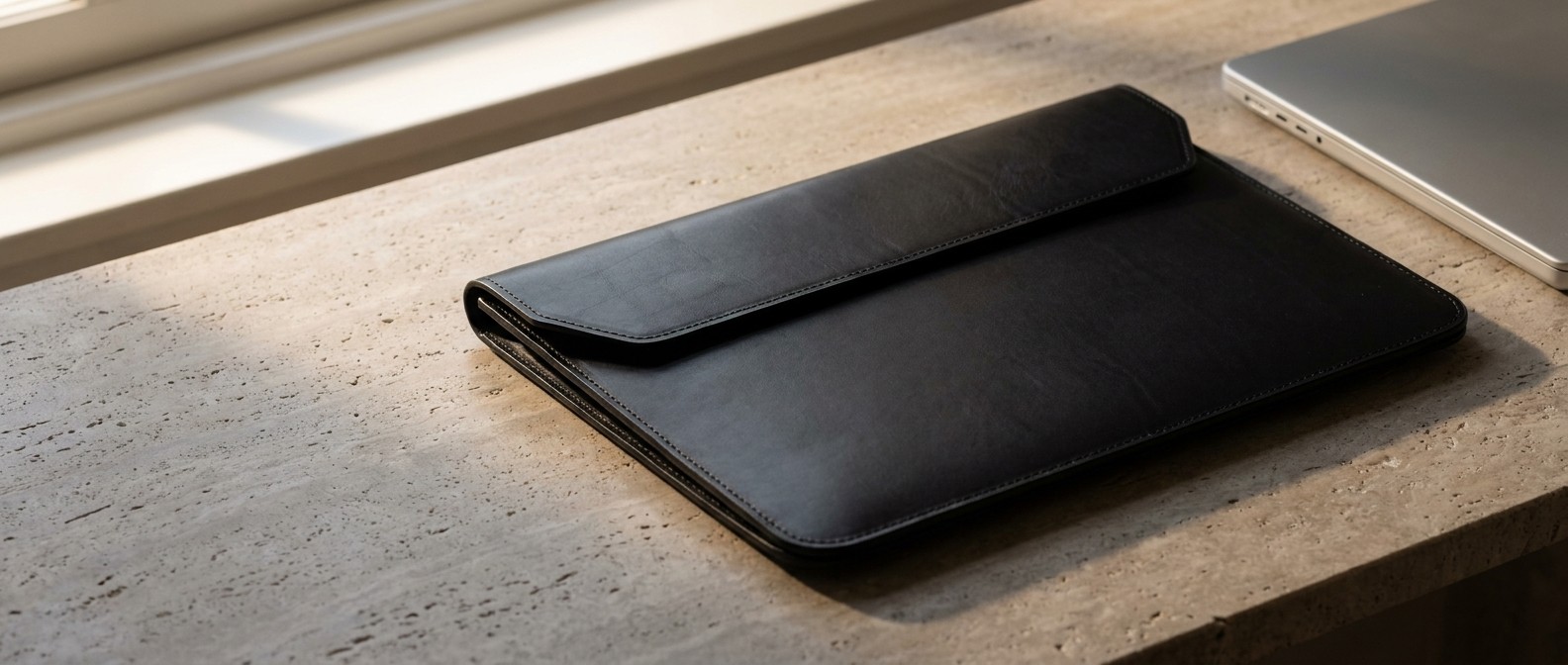 Černé kožené pouzdro na tablet z usně Buttero na travertinovém stole, vedle hrana notebooku