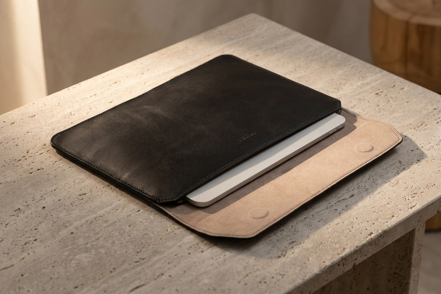 Otevřené černé pouzdro na travertinovém stole, uvnitř béžové italské mikrovlákno a zasunutý tablet