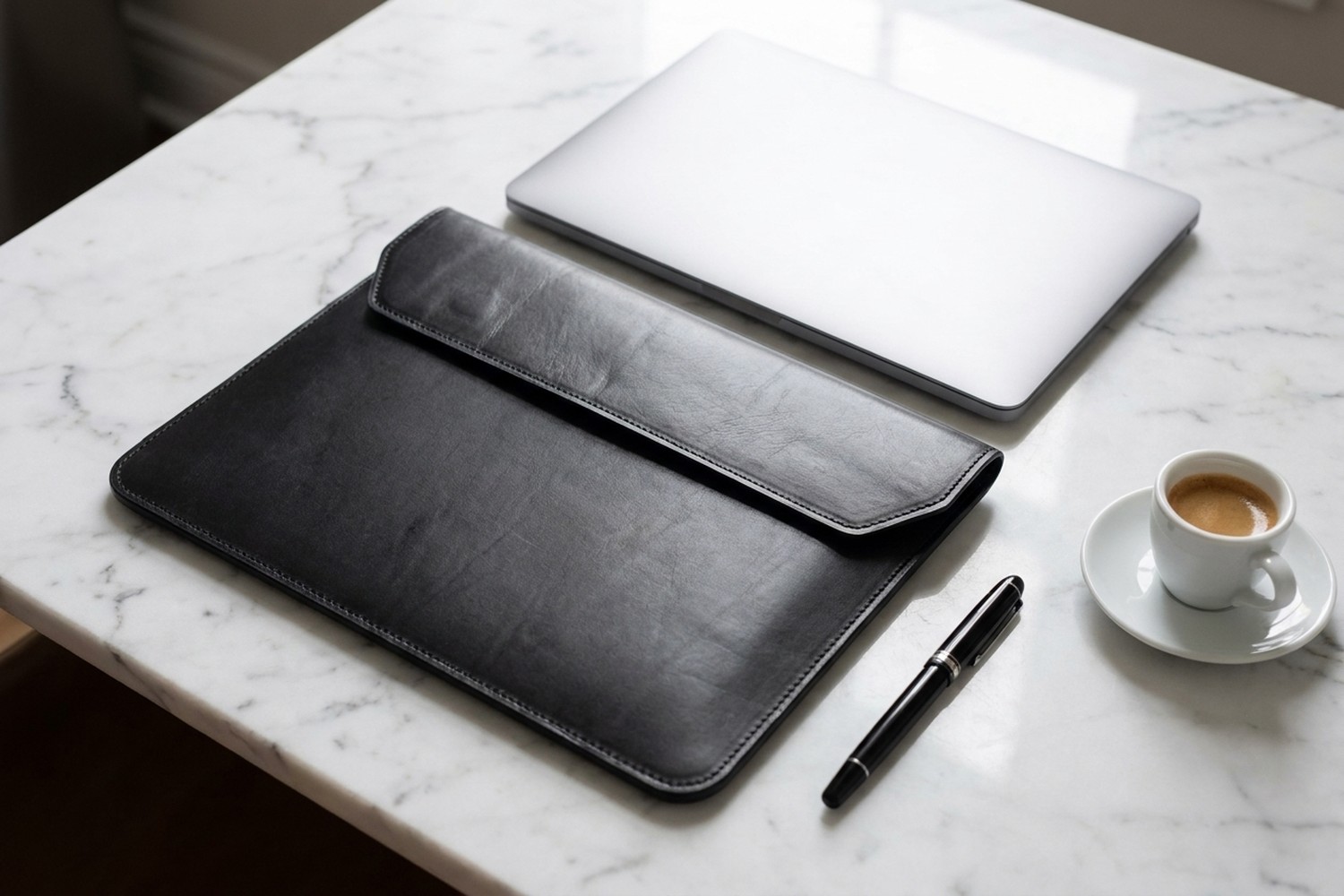 Černé pouzdro vedle zavřeného notebooku na mramorovém stole, plnicí pero a espresso