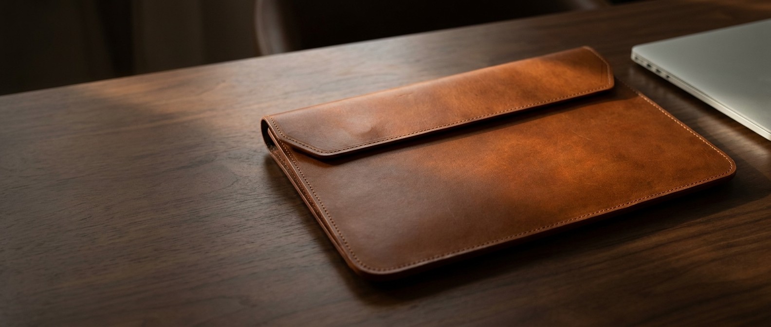 Koňakové kožené pouzdro na tablet z usně Buttero na tmavém ořechovém stole, vedle hrana notebooku