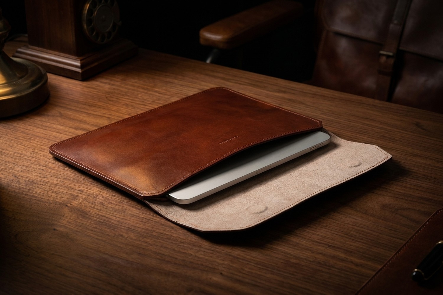 Otevřené hnědé pouzdro na ořechovém stole, uvnitř béžové italské mikrovlákno a zasunutý tablet 11″