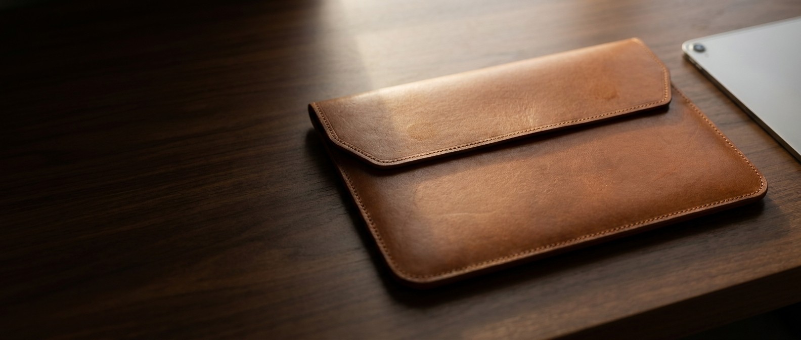 Koňakové kožené pouzdro na tablet 11″ z usně Buttero na tmavém ořechovém stole, vedle hrana tabletu