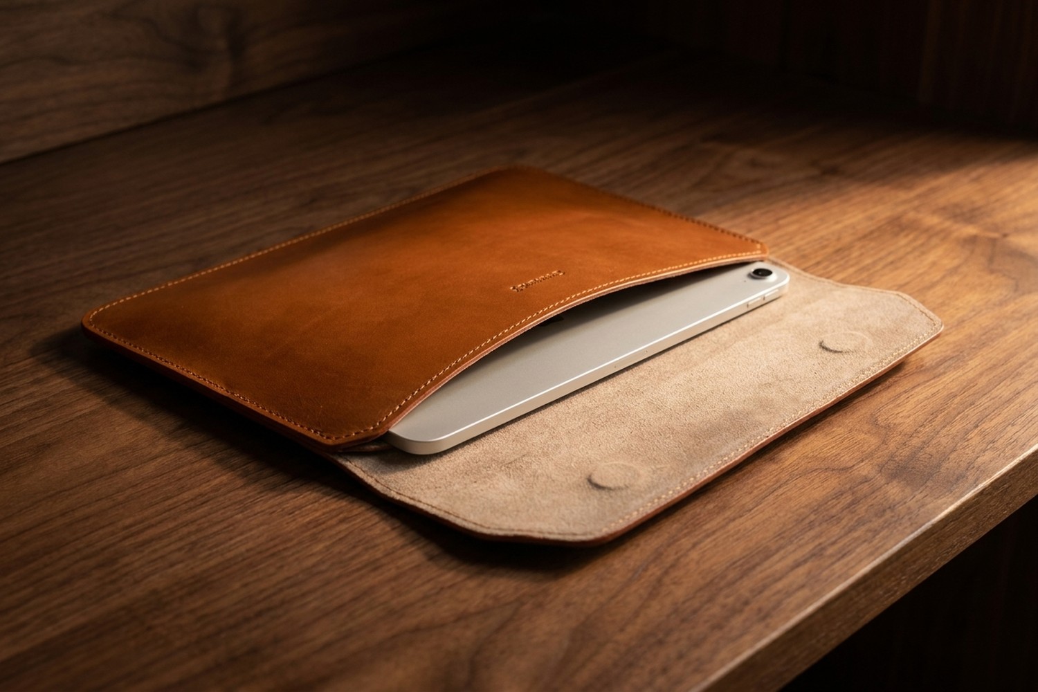 Otevřené koňakové pouzdro na ořechovém stole, uvnitř béžové italské mikrovlákno a zasunutý tablet 11″