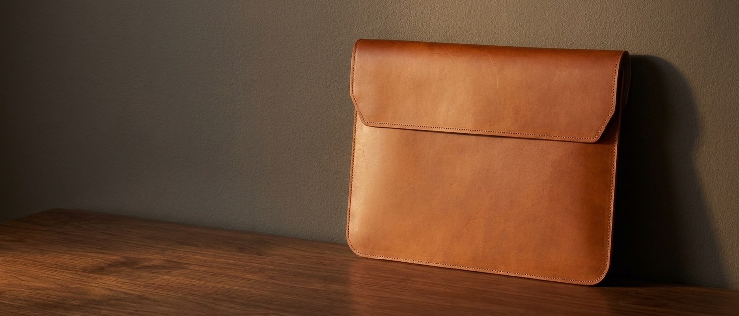 Koňakové kožené pouzdro na notebook 15″ z usně Buttero na tmavém ořechovém stole, vedle hrana notebooku