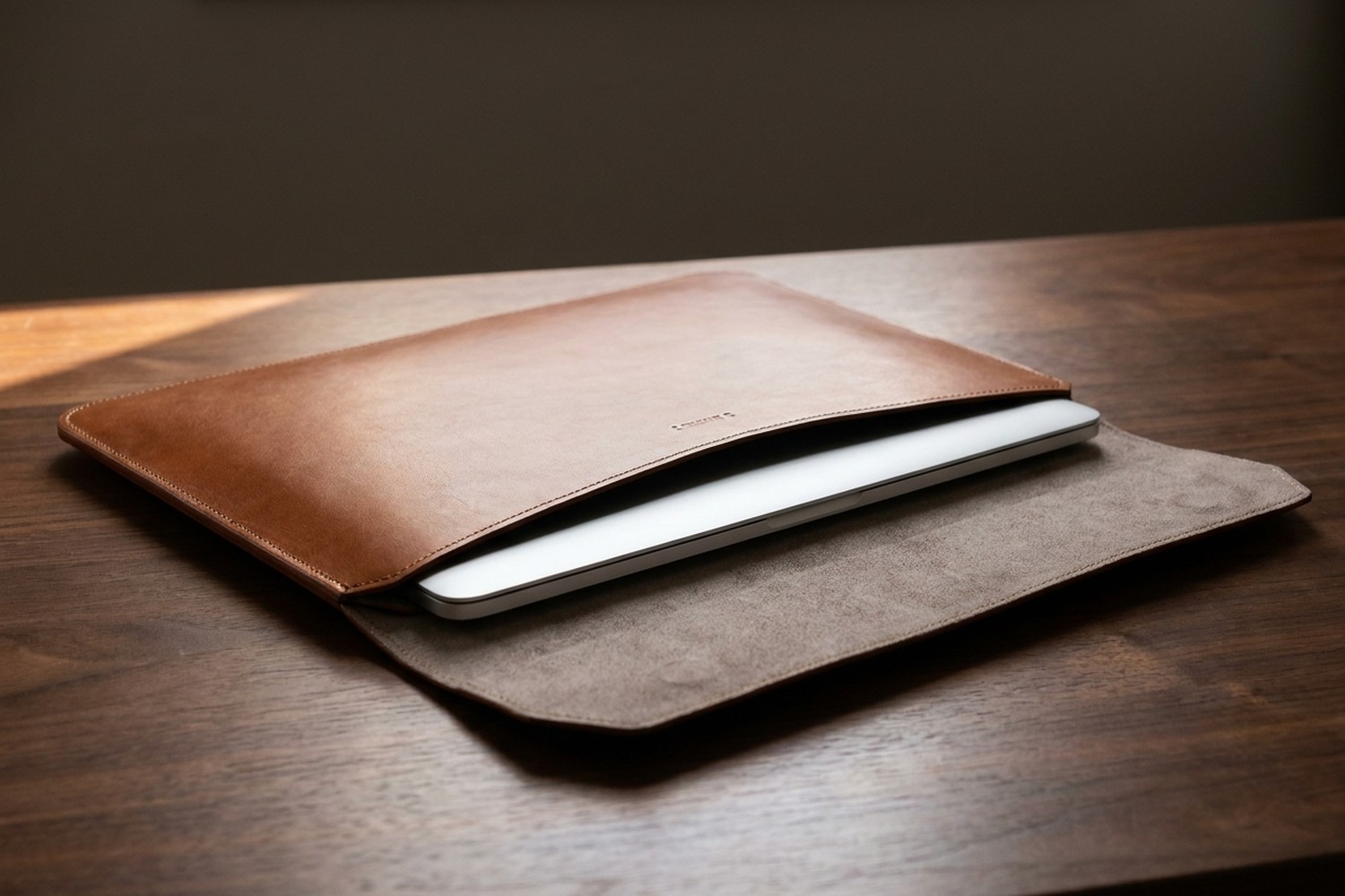 Otevřené koňakové pouzdro na ořechovém stole, uvnitř šedé italské mikrovlákno a zasunutý notebook 15″