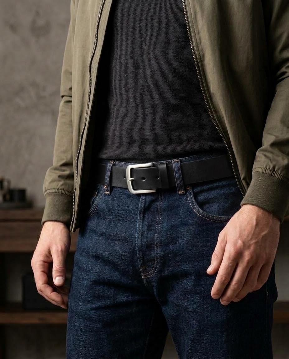 Drsný muž v bomberu a tmavých raw denim džínách s hladkým černým opaskem Ranger
