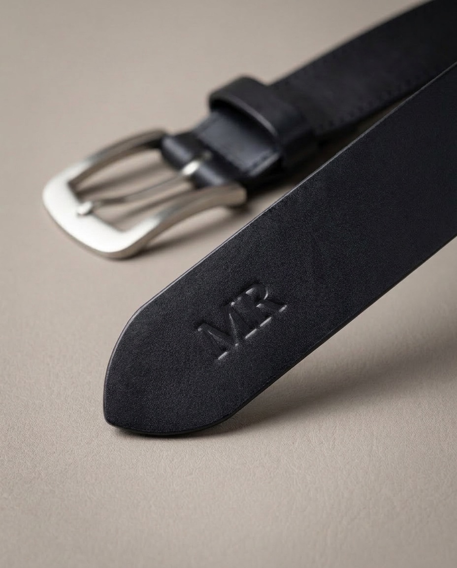 Špice hladkého černého opasku Ranger s monogramem MR