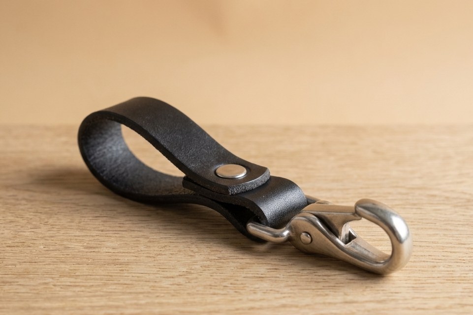 Detail černého koženého poutka klíčenky Ranger – hladká useň, jeden nýt a řezaná hrana