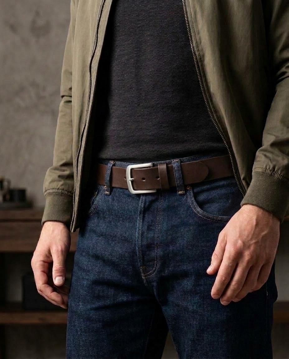 Drsný muž v bomberu a tmavých raw denim džínách s hladkým tmavě hnědým opaskem Ranger