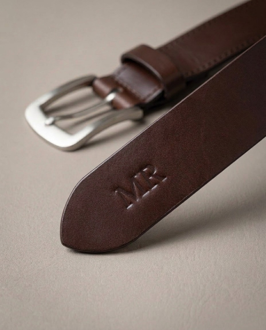 Špice hladkého tmavě hnědého opasku Ranger s monogramem MR