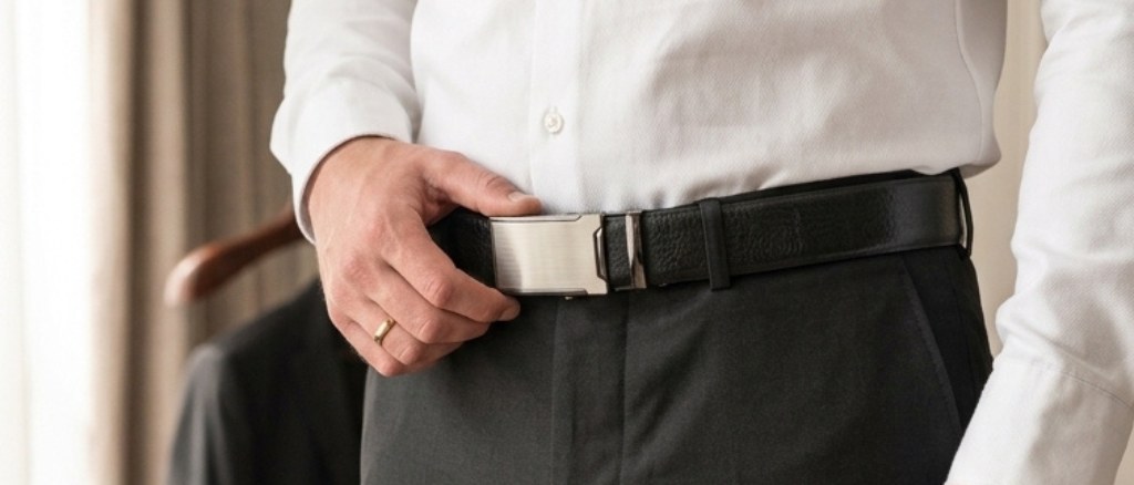 Pánský kožený opasek automat s plochou broušenou sponou k bílé košili a antracitovým kalhotám