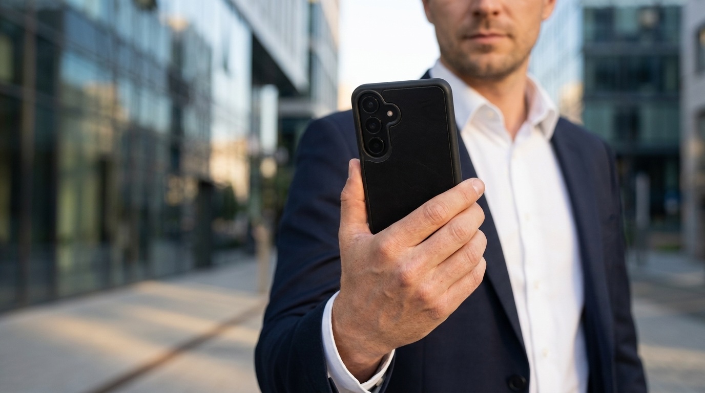 Černý kožený kryt na Samsung Galaxy v ruce muže v obleku ve městě