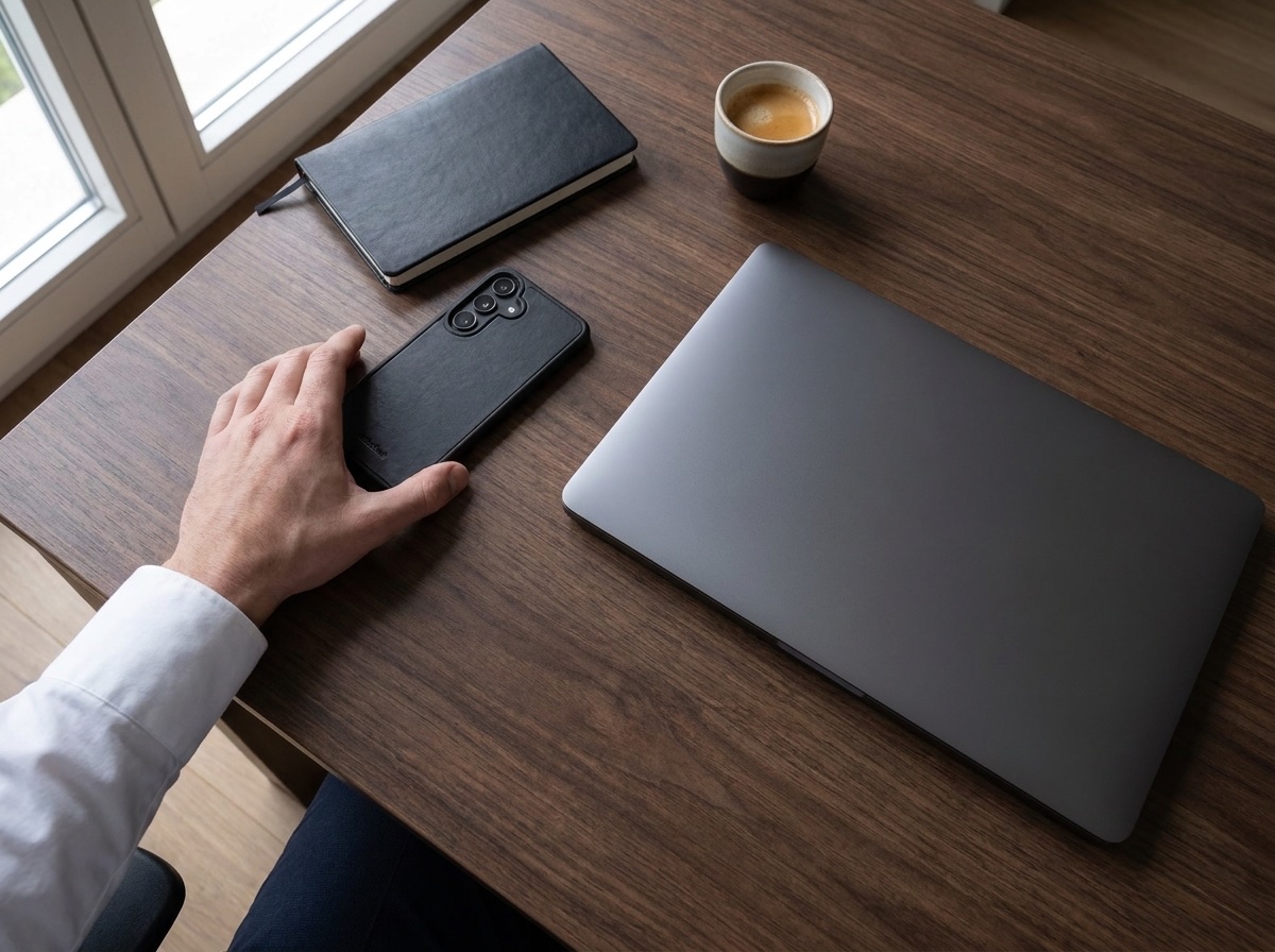 Samsung v černém koženém krytu položený na pracovním stole vedle notebooku a espressa