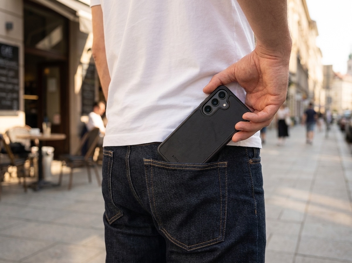 Muž v džínách zasouvá Samsung v černém koženém krytu do zadní kapsy