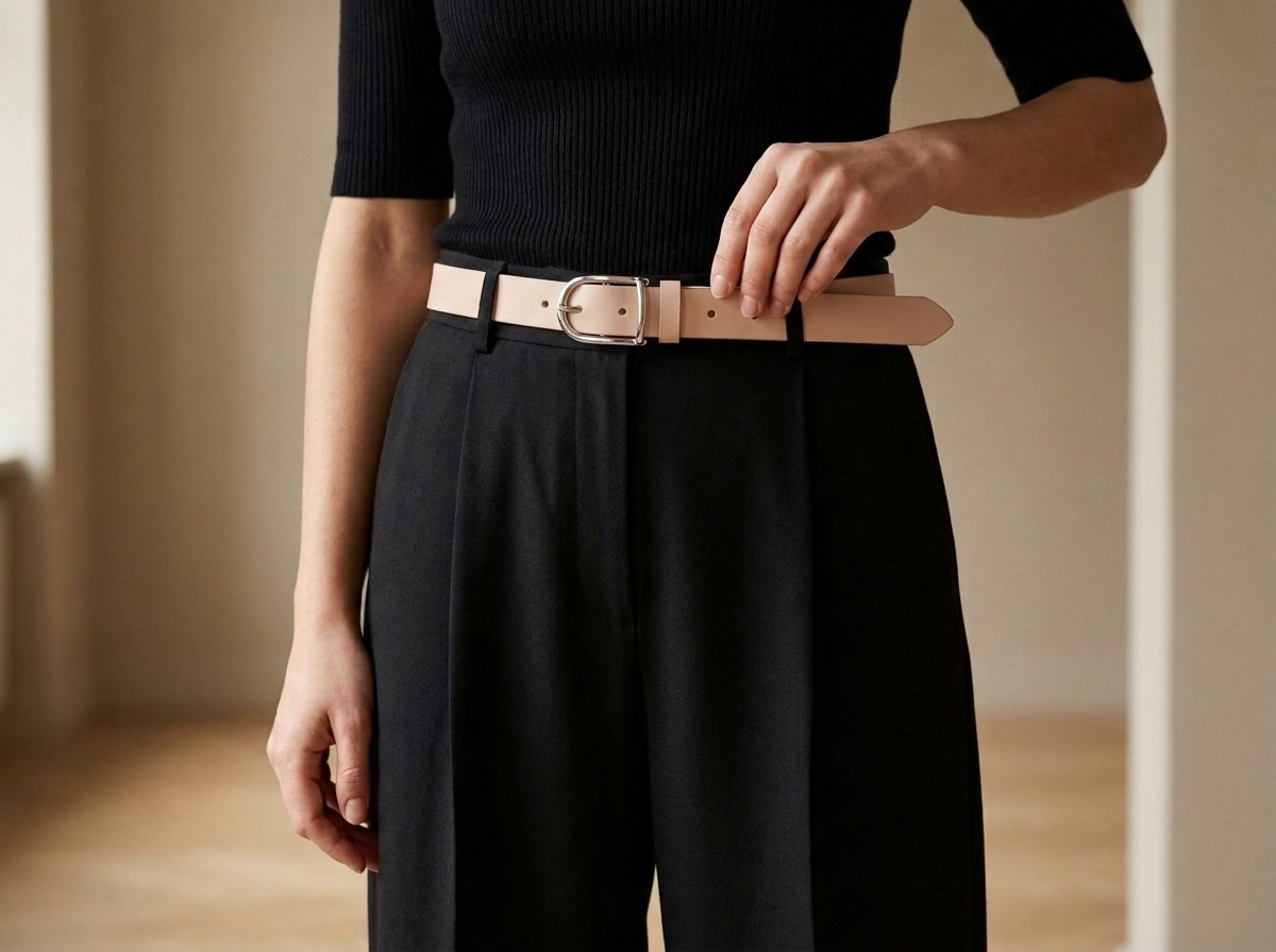 Detail v pase — pudrový opasek Sofia se stříbrnou sponou v poutkách černých širokých kalhot, k tomu černý žebrovaný top