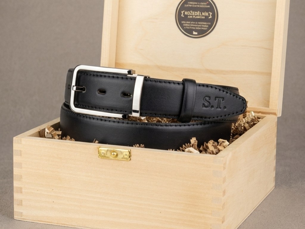 Černý opasek Vittorio s monogramem v dřevěném dárkovém boxu