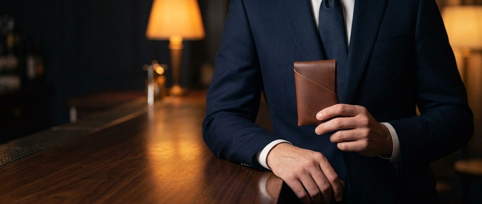 Muž v tmavě modrém obleku drží hnědou koženou peněženku Vittorio v hotelovém baru