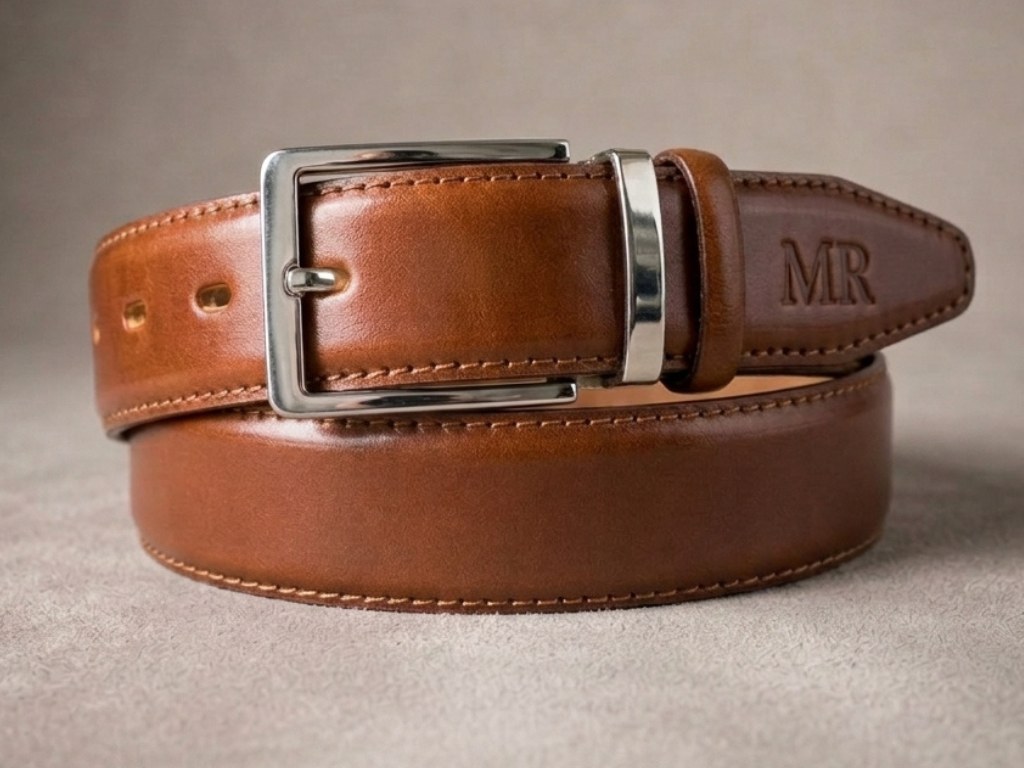 Stočený koňakový opasek Vittorio s prošitými hranami, nerez přezkou a monogramem MR na špici