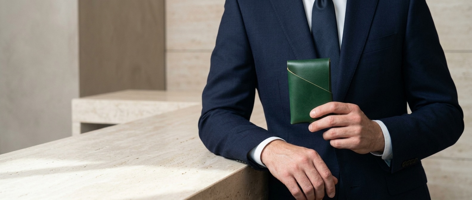 Muž v tmavém obleku drží zelenou koženou peněženku Vittorio v hotelovém baru