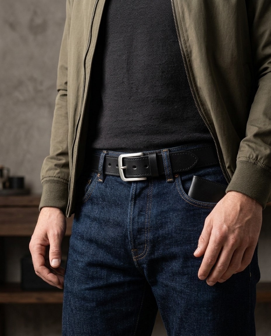 Drsný muž v bomberu a tmavých raw denim džínách s černým opaskem Walker