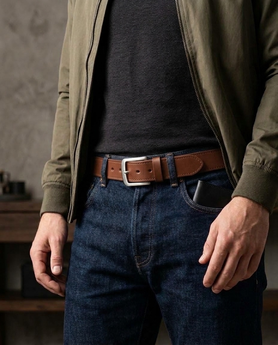 Drsný muž v bomberu a tmavých raw denim džínách s hnědým opaskem Walker